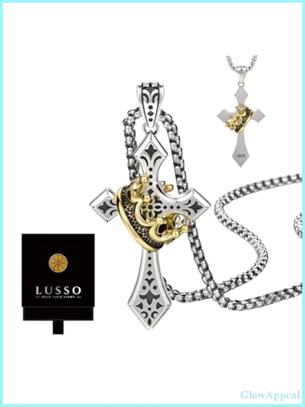 Sterling Silver Crown Cross Necklace Men Women Retro Crucifix Pendant Chain